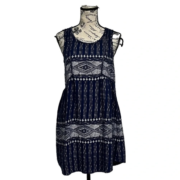 Roxy Womens Argyle Babydoll Mini Dress Swing Skater Boho Peasent Beach M Hippie - Picture 1 of 9